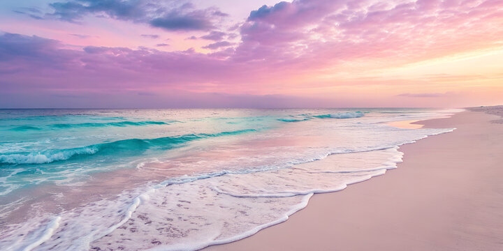 A serene beach scene with pastel skies and gentle waves washing onto the sandy shore at sunset time