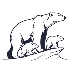 Polar Bear Family: Elegant Line Art Illustration, Arctic Wildlife, Mother and Cubs, Protective, Serene Mood.