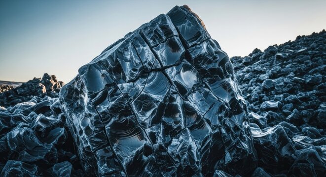 Dark, jagged rock formation against a pale sky