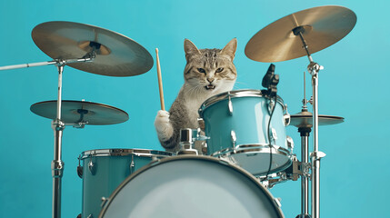 Obraz premium A cat playing drums on light blue color background, Animal photography
