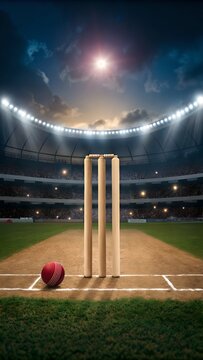 A cricket field with wickets and a red ball under stadium lights at night time in a sports arena