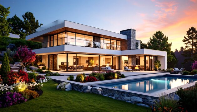 A modern, spacious home with a stunning outdoor pool area, nestled in a landscaped garden, bathed in the warm glow of the evening sun.