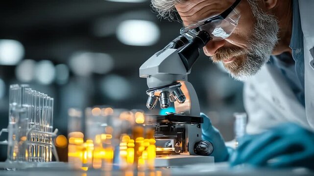 Man with beard peers into microscope in lab tubes  flasks behind