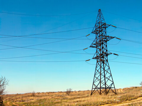 Transmission tower 110 kV in landscape. A steel lattice transmission tower carrying high-voltage power lines across a rural field under a clear blue sky.