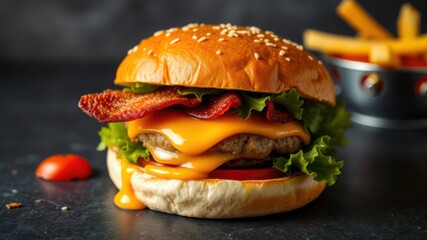Delicious gourmet bacon cheeseburger with melted cheddar cheese and fresh lettuce on a sesame seed bun