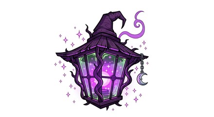 A whimsical witch hat lantern with moon charm and starry glow against a white background design