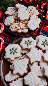 Assorted Christmas Cookies with White Icing Snowflake and Tree Designs Placed on Brown Plates with Festive Plaid Fabric and Candy Canes