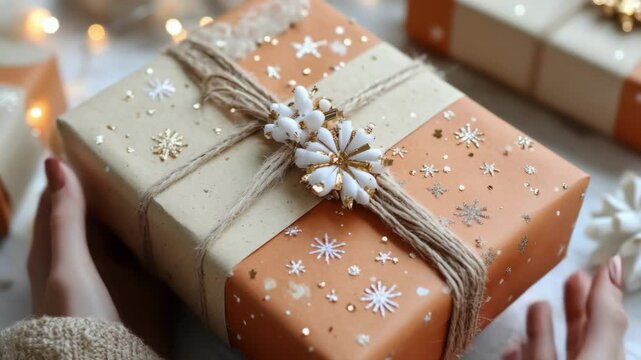 Woman holding beautifully wrapped gift box with snowflake decor at christmas. Merry Christmas. Happy New Year