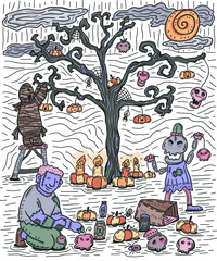 Frankenstein mummy skeleton decorate the tree for Halloween hand drawn doodle sketch color background illustration 