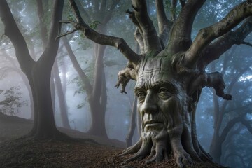 Obraz premium Mystical Forest Guardian: A giant tree stands tall, its gnarled form carved into the visage of an old man, watching over a misty, primordial forest. Explore the enigma and beauty of nature.