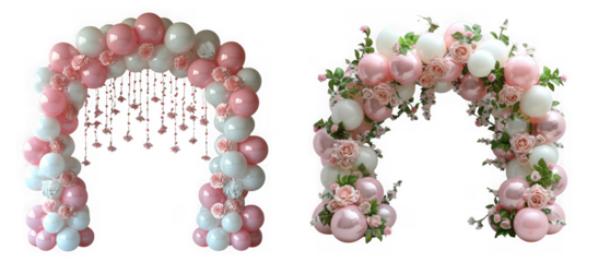 Elegant balloon arch with pink and white balloons and floral accents, isolated on transparent background
