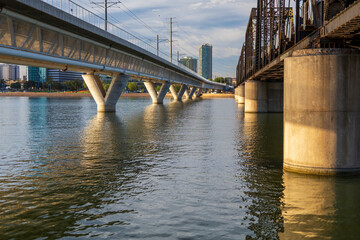 Rail Bridges over Tempe Town Lake at Sunrise in Arizona