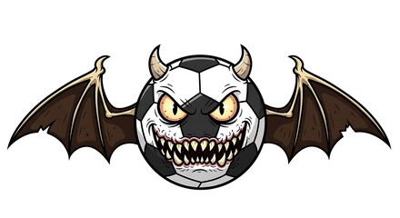 A cartoon soccer ball with bat wings, horns and sharp teeth on a white isolated background design vector