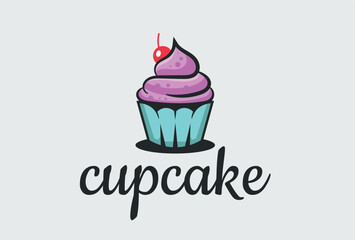 Cupcake Logo Design. Cute Frosted Muffin Icon In Playful Style For Dessert Or Cafe Brand.