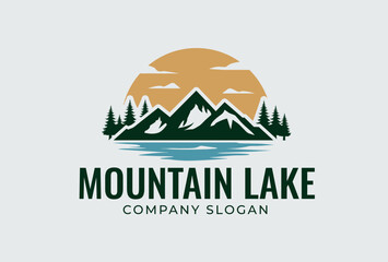 Mountain Lake Logo Design. Scenic Nature Landscape Symbol For Outdoor Or Travel Branding.