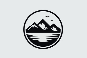 Mountain Lake Black Logo Design. Adventure And Nature Concept In Dark Monochrome Style.