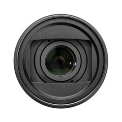 Front view of a macro photo camera lens isolated on white background. Cameras eye