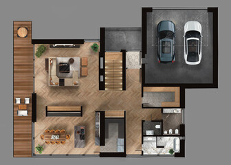 Modern house floor plan with open living space, kitchen, dining, bathroom, and two-car garage, top-down view. © Alexuans