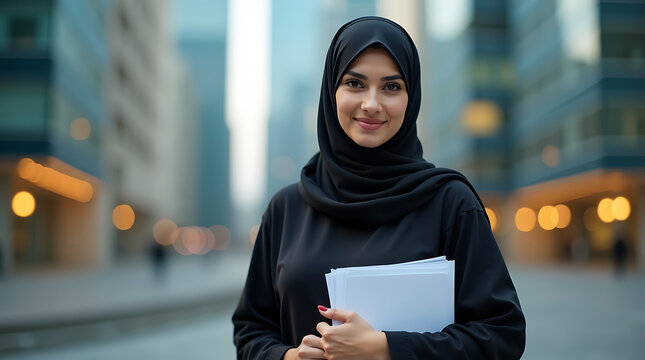 Woman Wearing Black Hijab and Abaya Holding Papers in a City Street female person