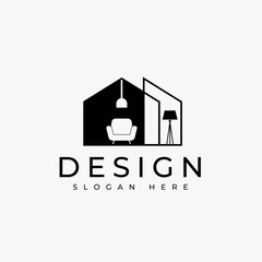 Minimalist Interior Design Logo. Furniture And Lamp Icon In Modern Clean Style For Home Decor Brand.