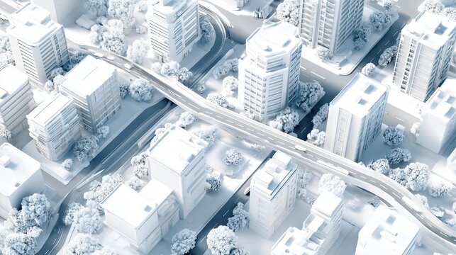 Detailed 3D White Map with City Roads and Buildings for Urban Planning Visualization