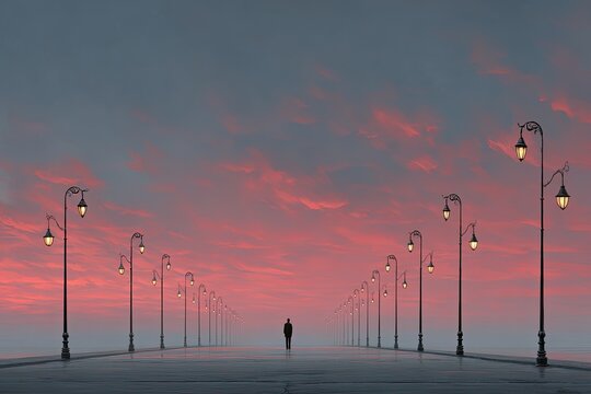 A lonely lamplighter lighting lamps on an endless street at dawn, soft pastel sky