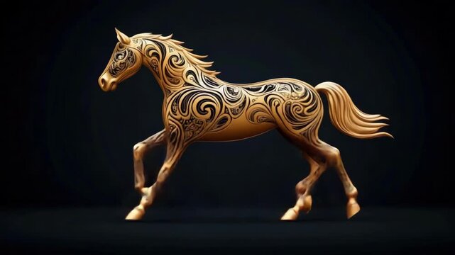 Golden horse with intricate patterns on dark background. 2026 year red fiery horse according calendar