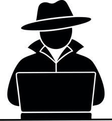 Mysterious hooded hacker with laptop computer flat icon vector