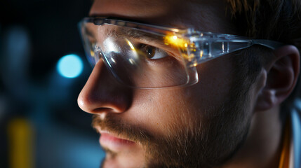 Close-up of worker using drill with safety glasses