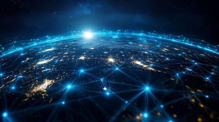 Obraz premium A global digital network spanning the entire planet, with luminous blue streams of light representing connections and the flow of information