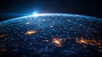Obraz premium A global digital network spanning the entire planet, with luminous blue streams of light representing connections and the flow of information