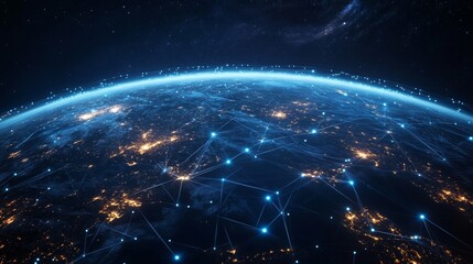 Obraz premium A global digital network spanning the entire planet, with luminous blue streams of light representing connections and the flow of information