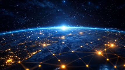 Obraz premium A global digital network spanning the entire planet, with luminous blue streams of light representing connections and the flow of information