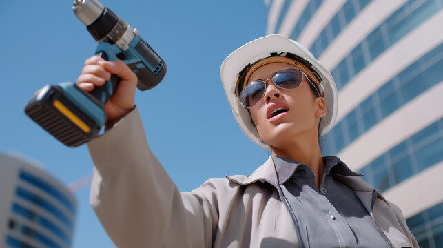 Confident woman holding a drill showcasing determination in action