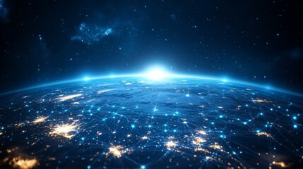 Obraz premium A global digital network spanning the entire planet, with luminous blue streams of light representing connections and the flow of information