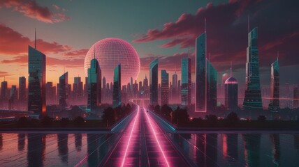 Obraz premium Twilight Vaporwave Pastelpunk Cityscape with Neon Pink and Mint Grid Roads in Retro Futuristic Glow