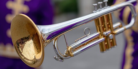 Obraz premium musical instrument performance, crisp focus on a shiny tuba or trumpet from a brass band, with the player in traditional costume slightly blurred in the warm festival lighting