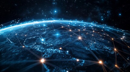 Obraz premium A global digital network spanning the entire planet, with luminous blue streams of light representing connections and the flow of information