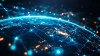 A global digital network spanning the entire planet, with luminous blue streams of light representing connections and the flow of information