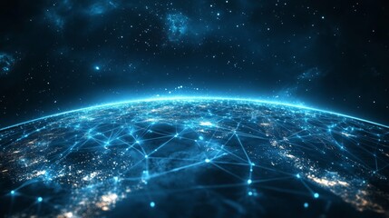 Fototapeta premium A global digital network spanning the entire planet, with luminous blue streams of light representing connections and the flow of information