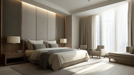 Fototapeta premium Modern beige bedroom interior with large windows