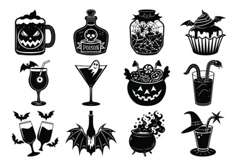 Collection of spooky halloween drinks and treats, including cocktails, potions, and cupcakes, isolated on a white background