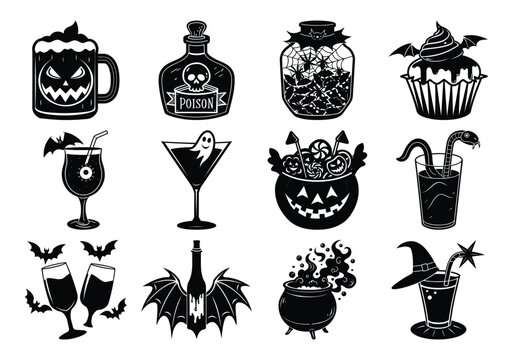 Collection of spooky halloween drinks and treats, including cocktails, potions, and cupcakes, isolated on a white background