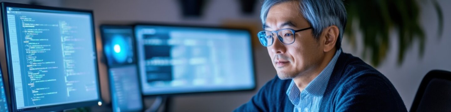 Middle-aged Asian male beta tester evaluating software performance with diligence and expertise
