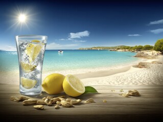 Vibrant summer background with tropical fruit, refreshing beach cocktails, seashells and sand patterns, perfect seasonal design for vacation, holiday, travel, party and festive celebration