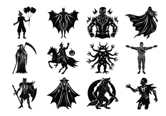 Collection of scary halloween monsters and mythical creatures, isolated on white background.
