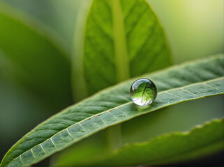 Single water droplet on fresh green leaf with detailed texture