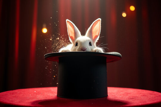 White rabbit emerging from black magician's hat on red stage  