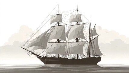 A sepia-toned illustration depicts a three-masted sailing ship with billowing sails gracefully navigating calm waters under a misty sky.  - Powered by Adobe