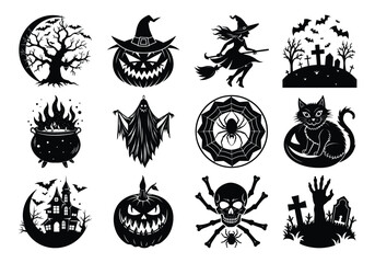 Collection of spooky halloween silhouettes including a witch, pumpkin, skull, spider, cat, ghost, haunted tree, bats, castle, and cemetery elements, perfect for holiday designs
